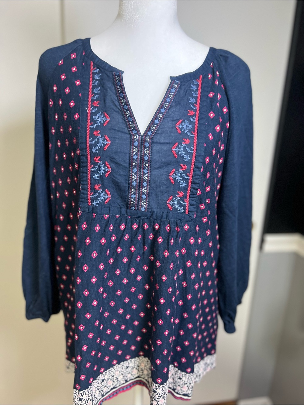 Vintage America Navy Tunic with Pink Embroidered Accents
